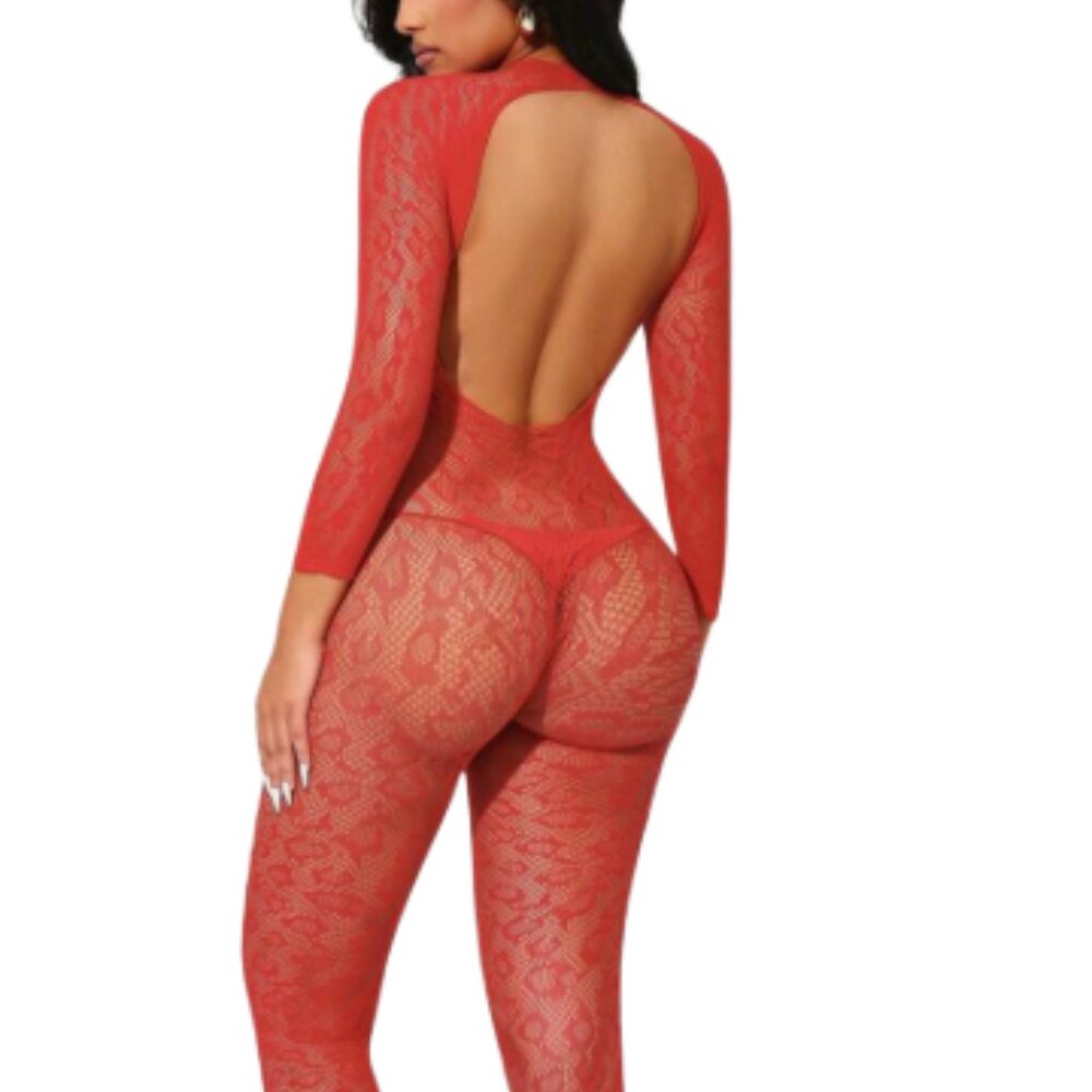 Elegant Red Sheer Lace Full Body Bodysuit with Open Back - Picture 5 of 5